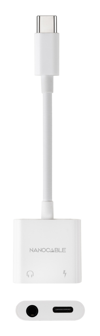NANO CABLE Adaptador de Audio USB-C/M a Jack 3.5/H + USB-C/H PD 60W, 11.5 cm, Blanco 10.24.1206