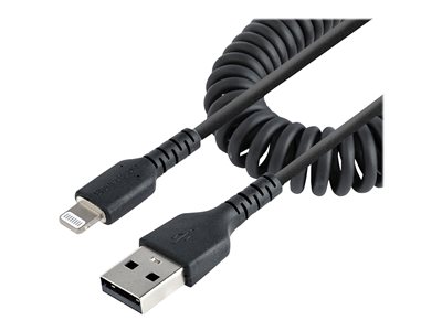  STARTECH.COM  Cable 50cm USB a Lightning con Certificación MFi, Cable Rizado de Carga para iPhone, Negro, con Recubrimiento de TPE, Núcleo de Fibra deRUSB2ALT50CMBC