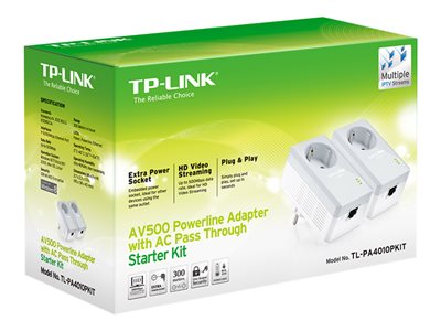  TP-LINK  Kit de inicio con adaptadores Powerline AV500 con enchufe incorporado - kit adaptador de línea eléctrica - conectable en la paredTL-PA4010PKIT